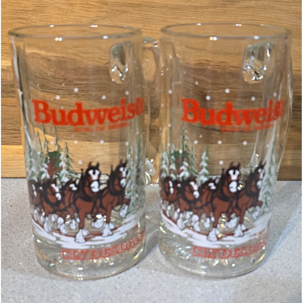 Budweiser Clydesdales Winter Scene Beer Mug Glasses Set of 2 ©1989